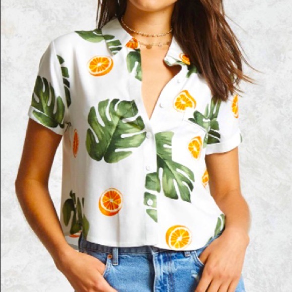 Forever 21 Tops - Orange and Leaf Print Button-Up Top